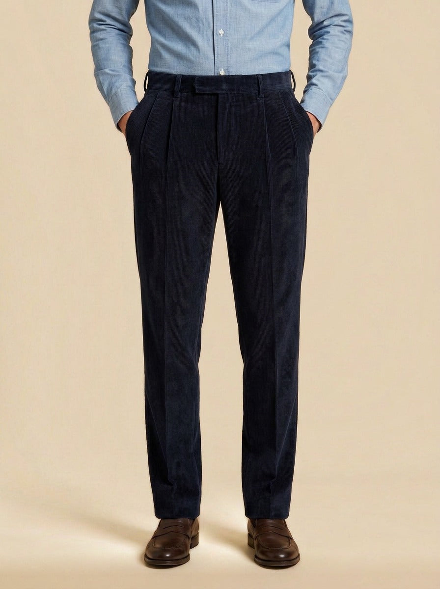 Stoddard pleated corduroy crease trousers in Navy, studio, Gentlemens Manor