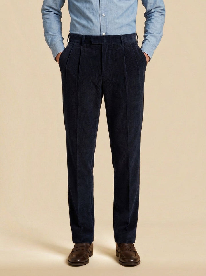 Stoddard pleated corduroy crease trousers in Navy, studio, Gentlemens Manor
