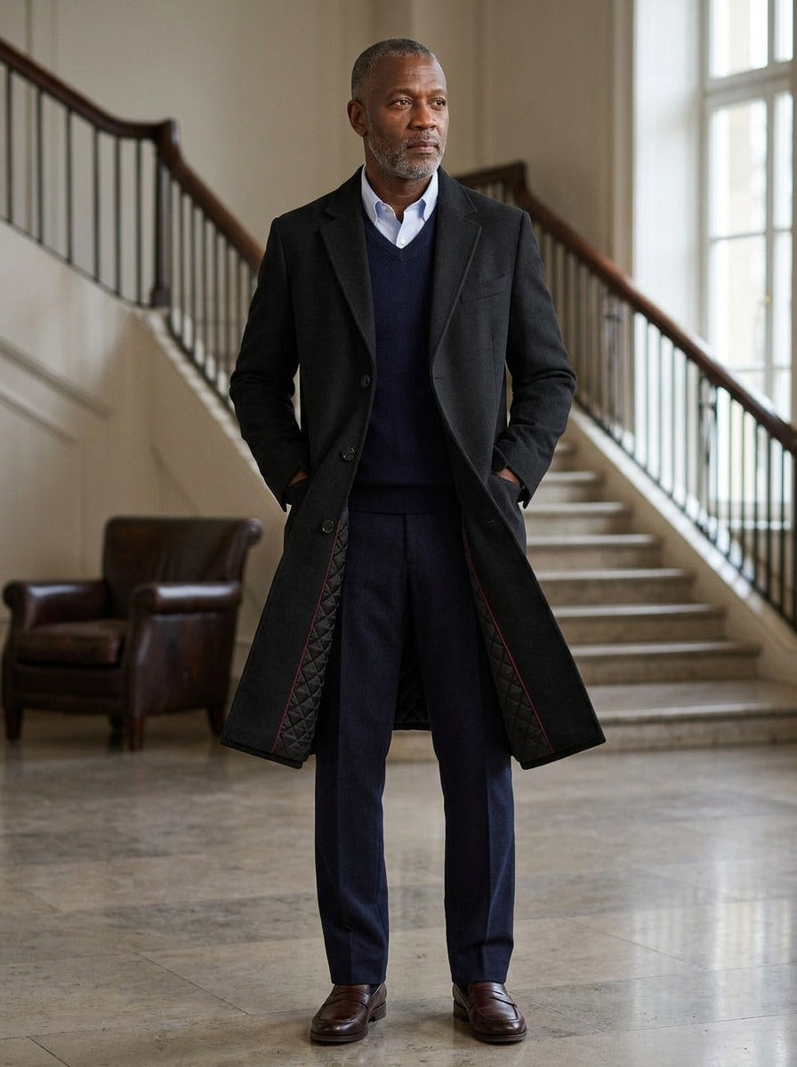 Stratford extra long quilted overcoat in Black, lifestyle in a hotel lobby, Gentlemens Manor