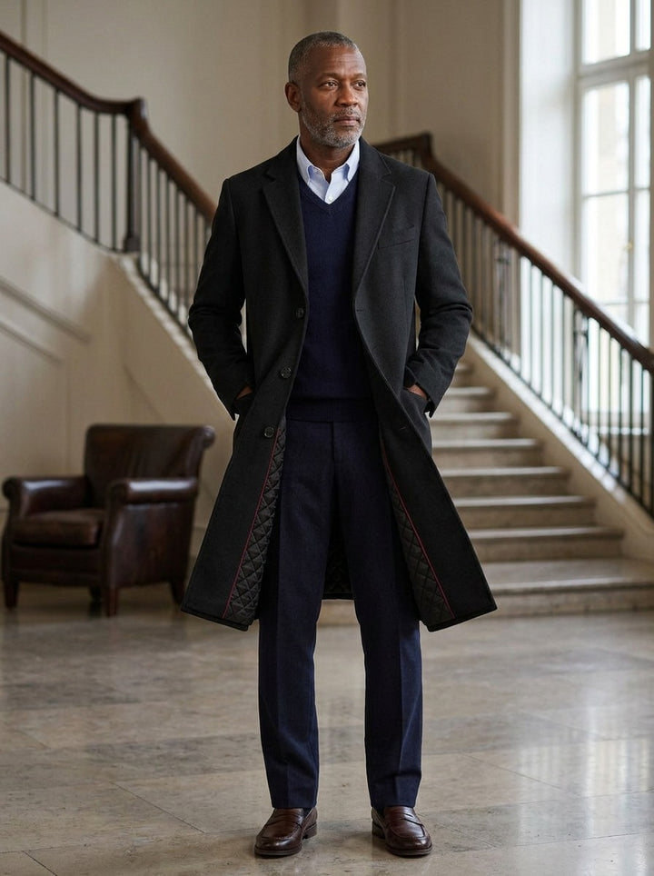 Stratford extra long quilted overcoat in Black, lifestyle in a hotel lobby, Gentlemens Manor