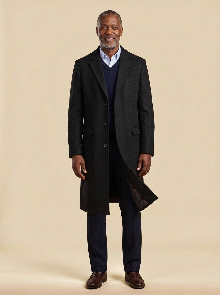 Stratford extra long quilted overcoat in Black, studio, Gentlemens Manor