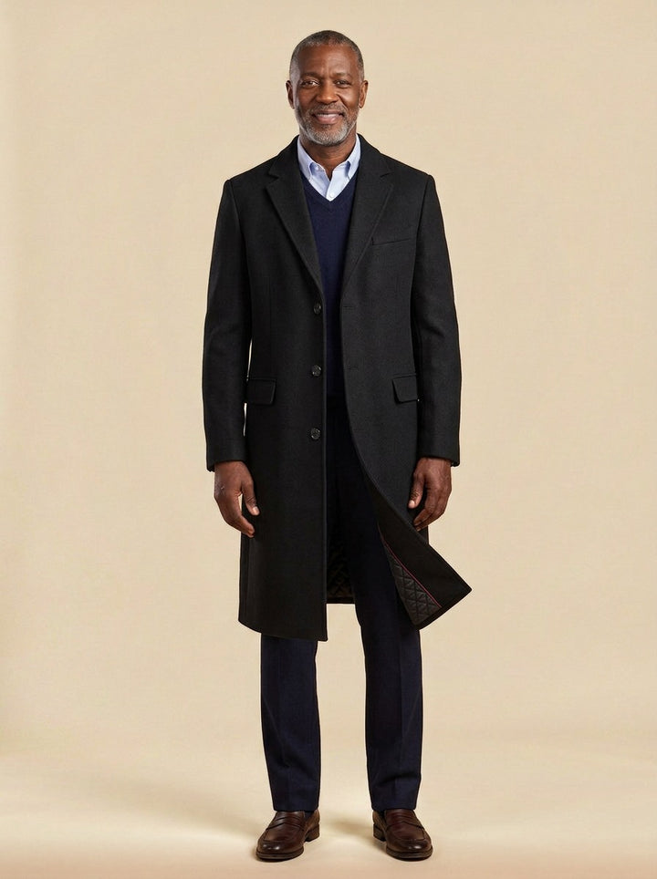 Stratford extra long quilted overcoat in Black, studio, Gentlemens Manor