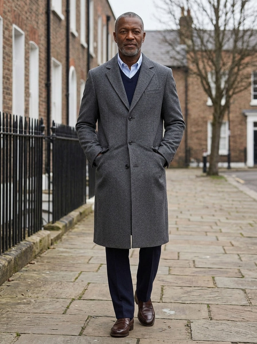 Stratford extra long quilted overcoat in Charcoal, lifestyle on a street of brick row houses, Gentlemens Manor