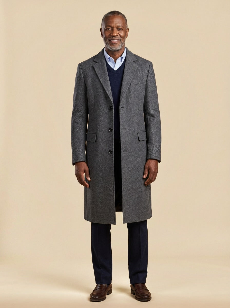 Stratford extra long quilted overcoat in Charcoal, studio, Gentlemens Manor