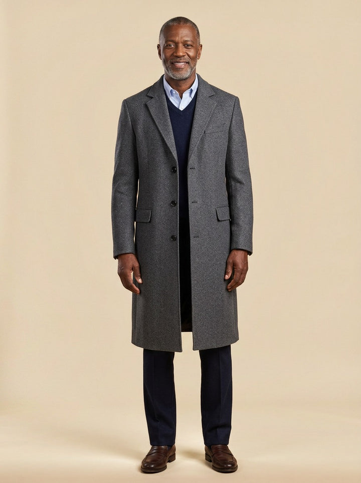 Stratford extra long quilted overcoat in Charcoal, studio, Gentlemens Manor