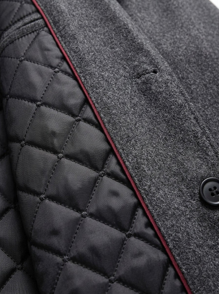 Stratford extra long quilted overcoat, fabric close up, Gentlemens Manor