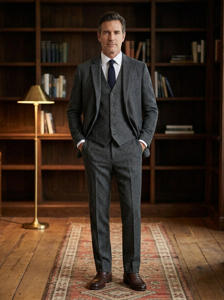 Stratton tweed three piece suit in Charcoal, lifestyle, Gentlemens Manor