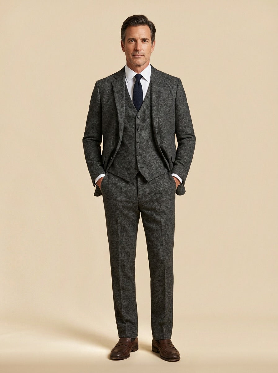 Stratton tweed three piece suit in Charcoal, studio, Gentlemens Manor
