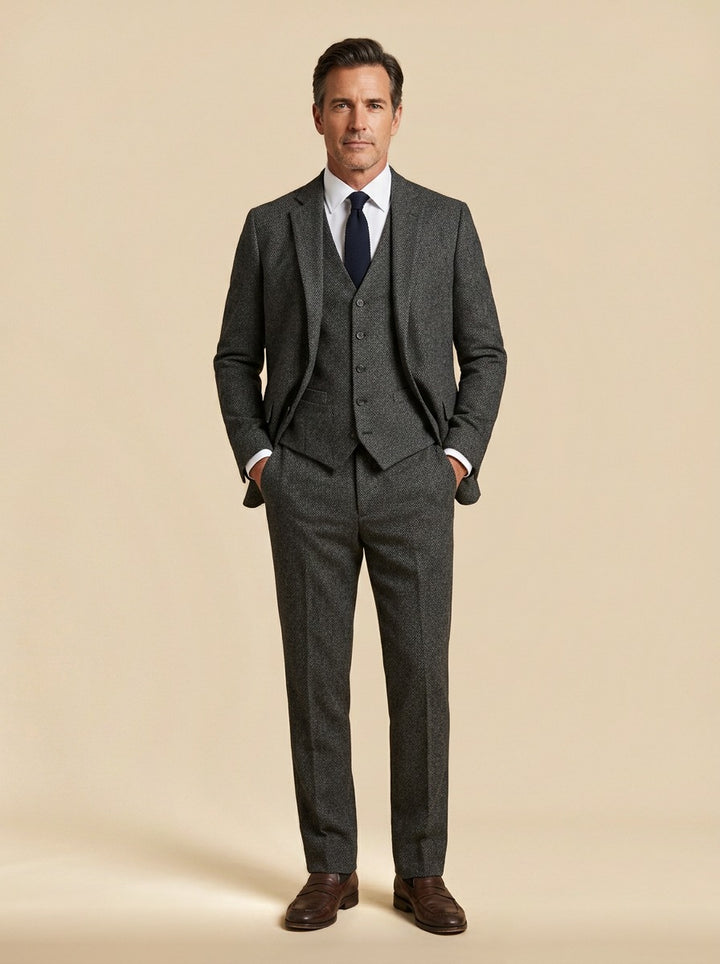 Stratton tweed three piece suit in Charcoal, studio, Gentlemens Manor