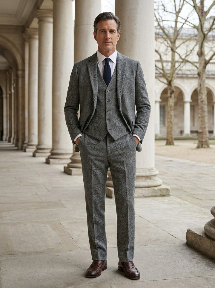 Stratton tweed three piece suit in Grey, lifestyle, Gentlemens Manor