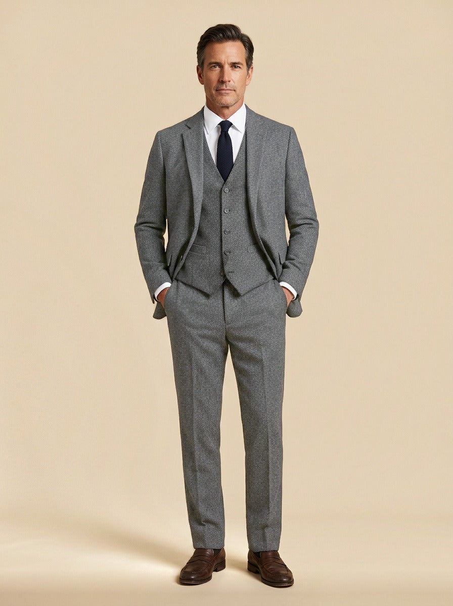 Stratton tweed three piece suit in Grey, studio, Gentlemens Manor