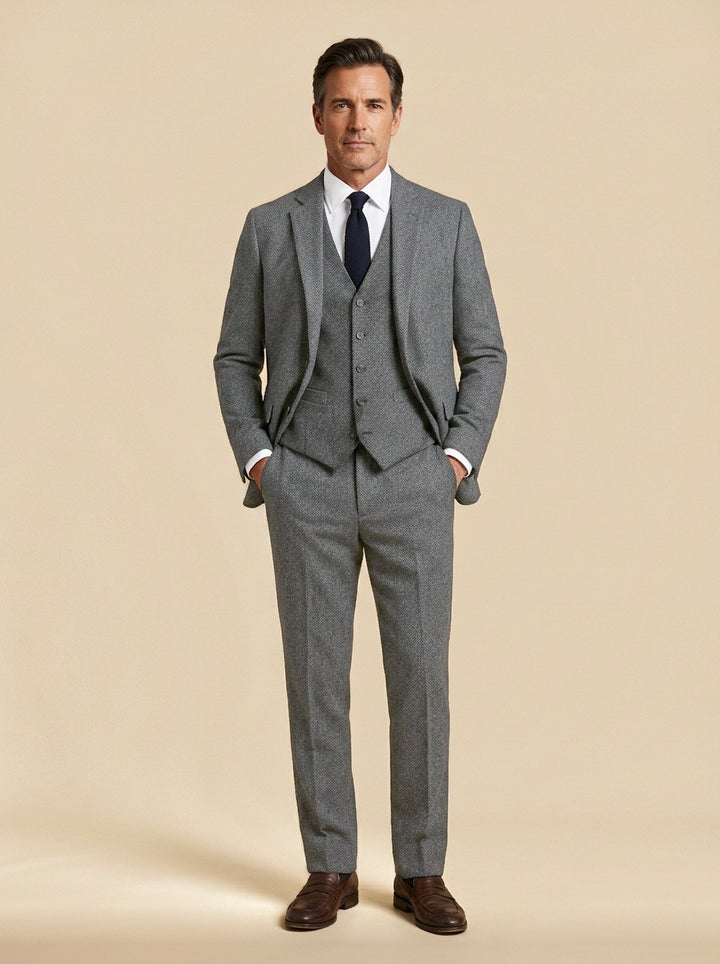 Stratton tweed three piece suit in Grey, studio, Gentlemens Manor