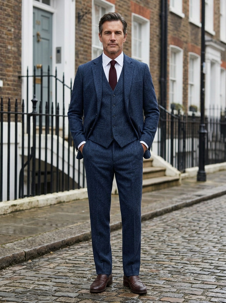 Stratton tweed three piece suit in Navy, lifestyle, Gentlemens Manor