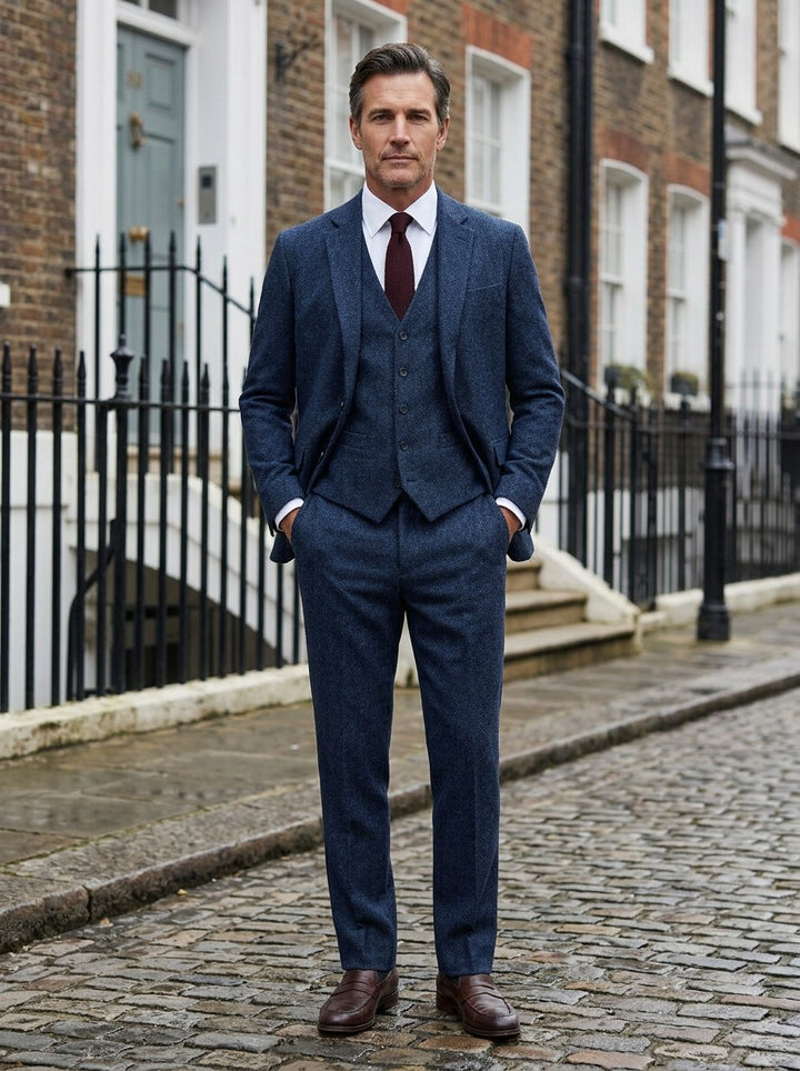 Stratton tweed three piece suit in Navy, lifestyle, Gentlemens Manor