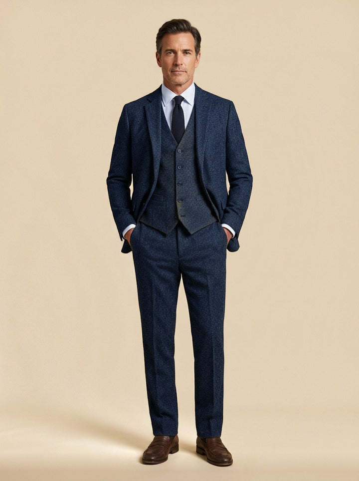 Stratton tweed three piece suit in Navy, studio, Gentlemens Manor