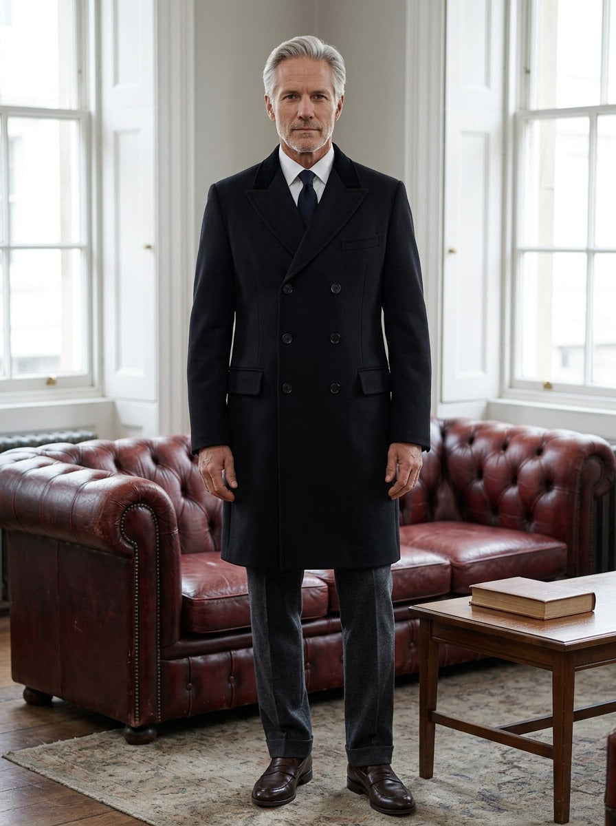 Stuart chesterfield overcoat in Black, lifestyle in a club reading room, Gentlemens Manor