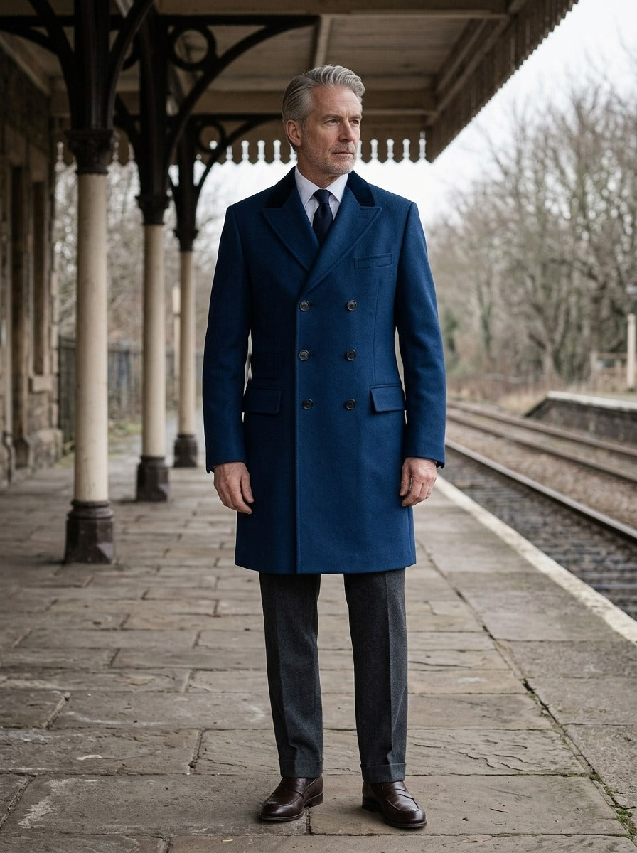 Stuart chesterfield overcoat in Blue, lifestyle on a railway platform, Gentlemens Manor