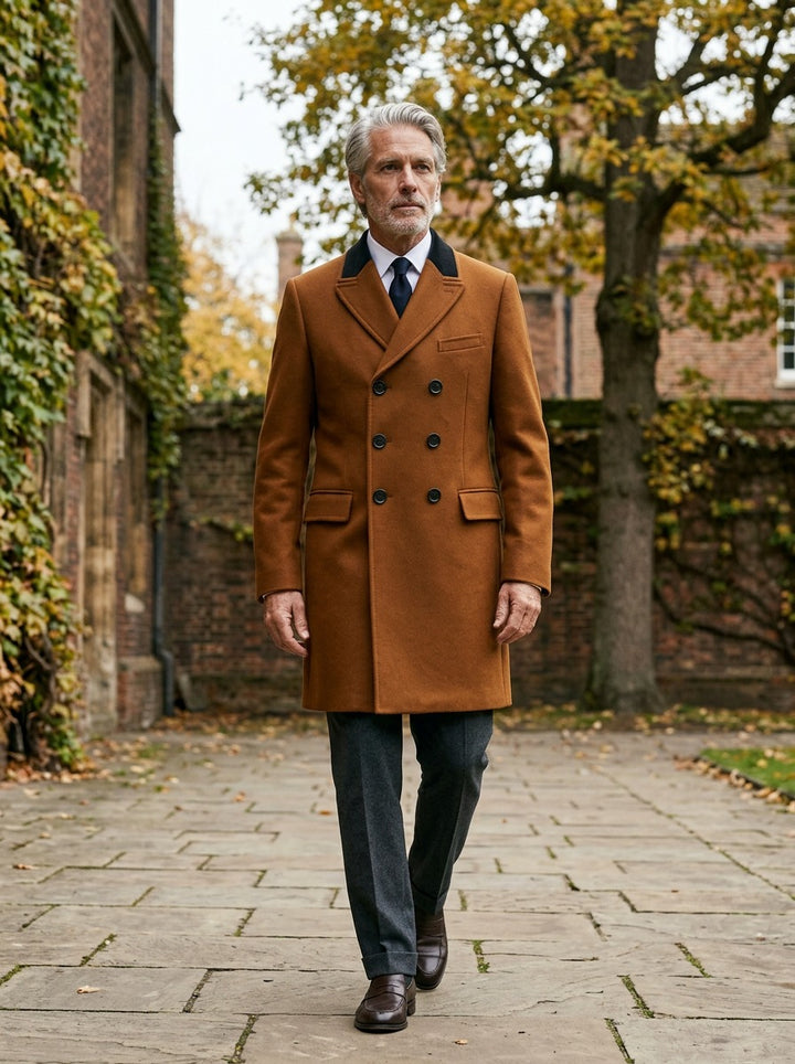 Stuart chesterfield overcoat in Cognac, lifestyle in a brick college courtyard, Gentlemens Manor