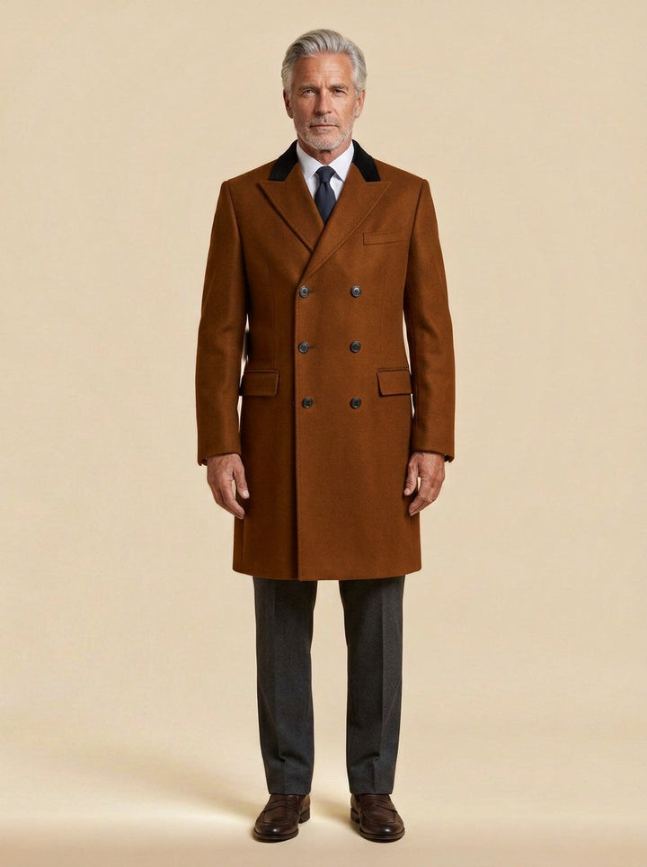 Stuart chesterfield overcoat in Cognac, studio, Gentlemens Manor