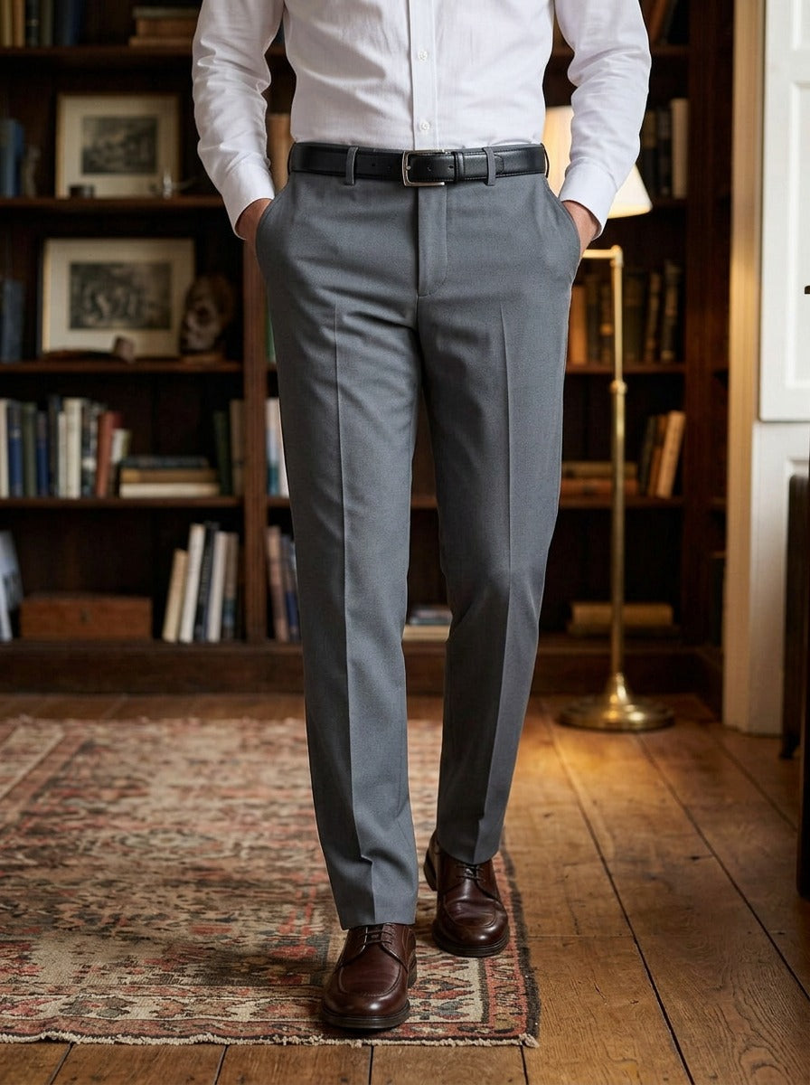 Sullivan flat front stretch dress pants in Grey, lifestyle in a private study, Gentlemens Manor