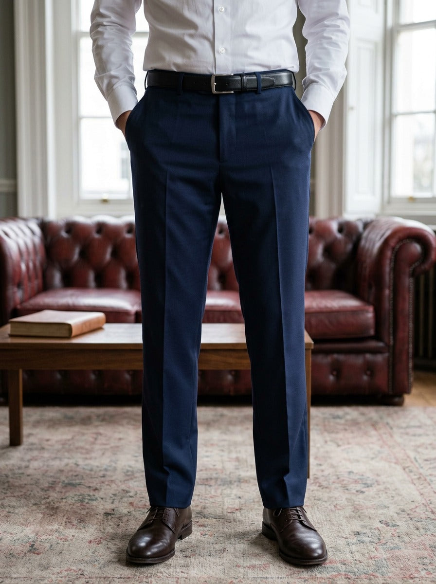 Sullivan flat front stretch dress pants in Navy, lifestyle in a club reading room, Gentlemens Manor