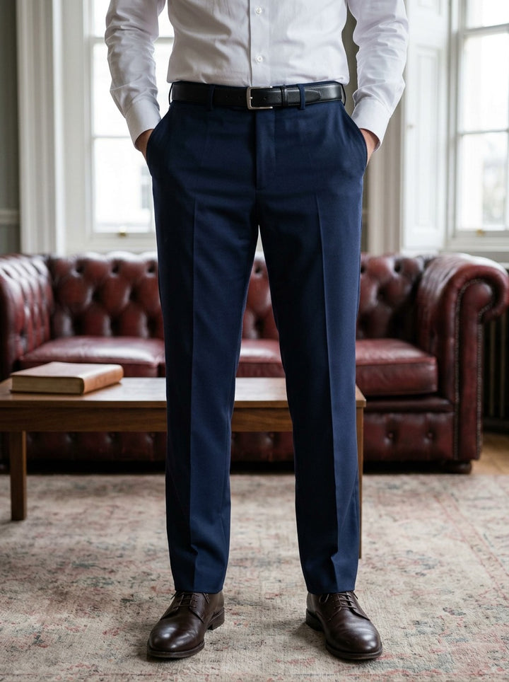 Sullivan flat front stretch dress pants in Navy, lifestyle in a club reading room, Gentlemens Manor