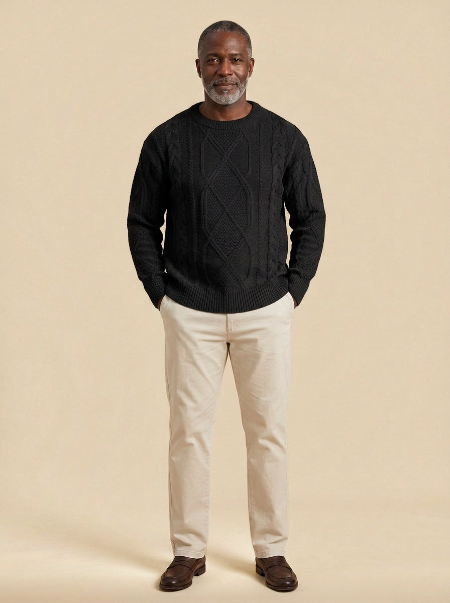 Sumner fisherman cable knit sweater in Black, studio, Gentlemens Manor
