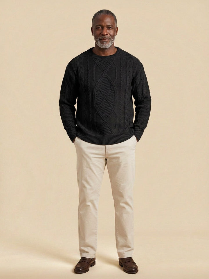 Sumner fisherman cable knit sweater in Black, studio, Gentlemens Manor