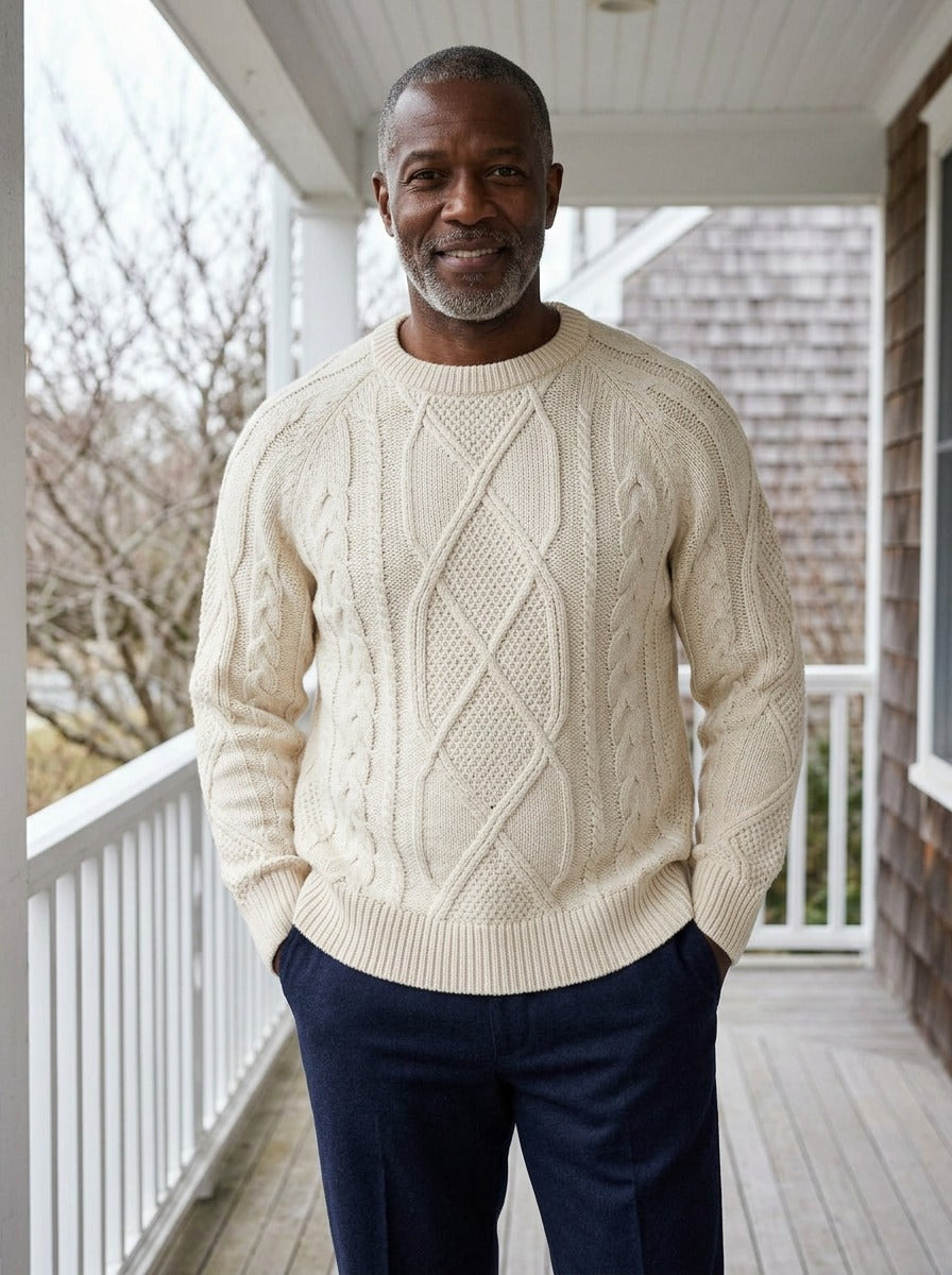 Sumner fisherman cable knit sweater in Cream, lifestyle, Gentlemens Manor