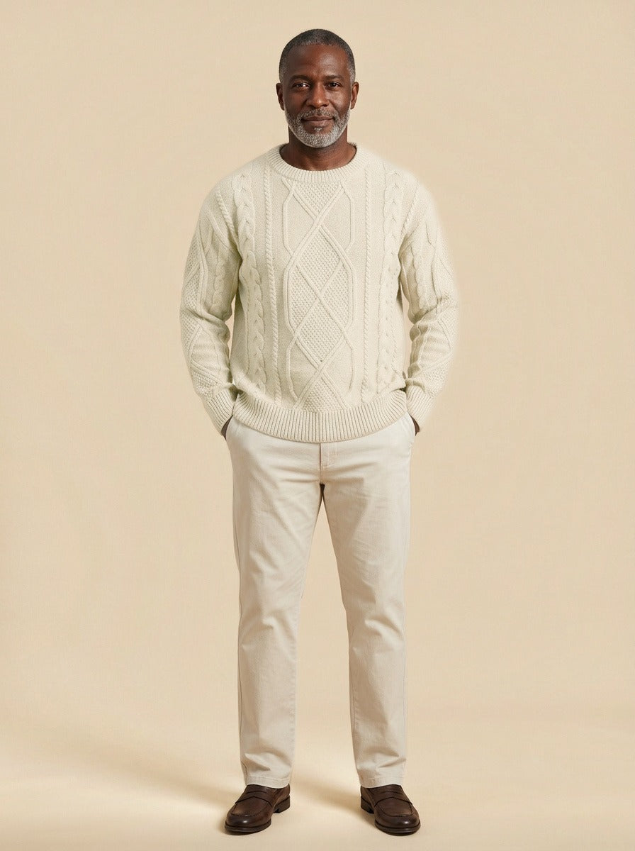 Sumner fisherman cable knit sweater in Cream, studio, Gentlemens Manor
