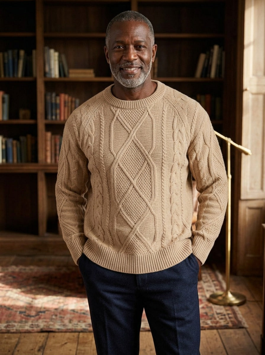 Sumner fisherman cable knit sweater in Sand, lifestyle, Gentlemens Manor