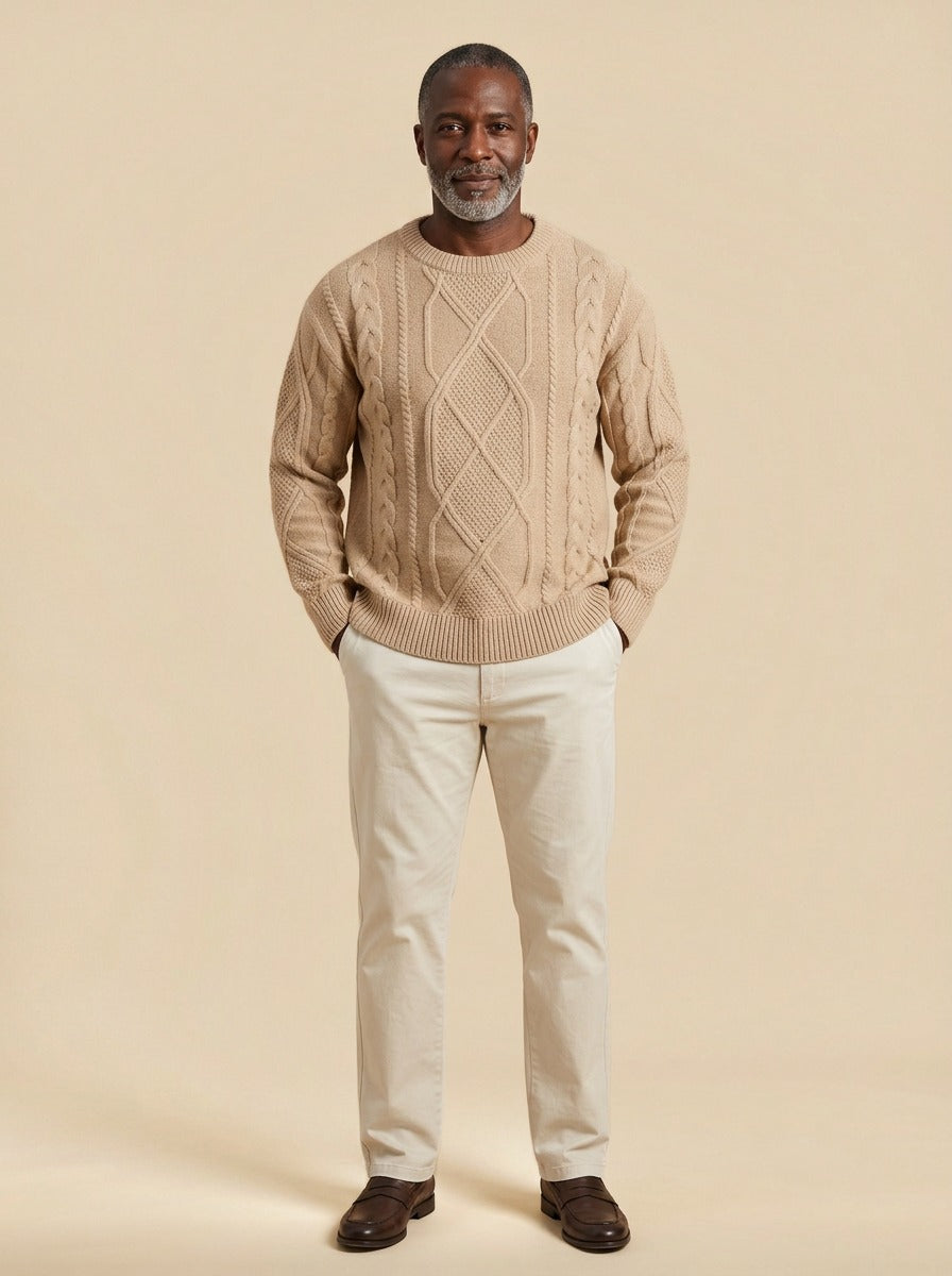 Sumner fisherman cable knit sweater in Sand, studio, Gentlemens Manor