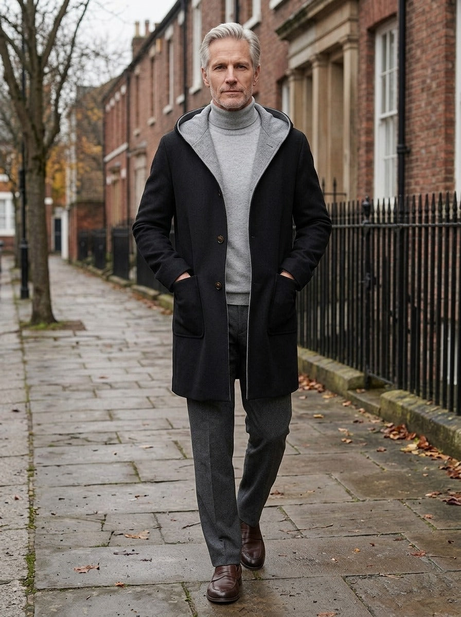 Sutcliffe hooded wool blend overcoat in Black, lifestyle on a street of brick row houses, Gentlemens Manor