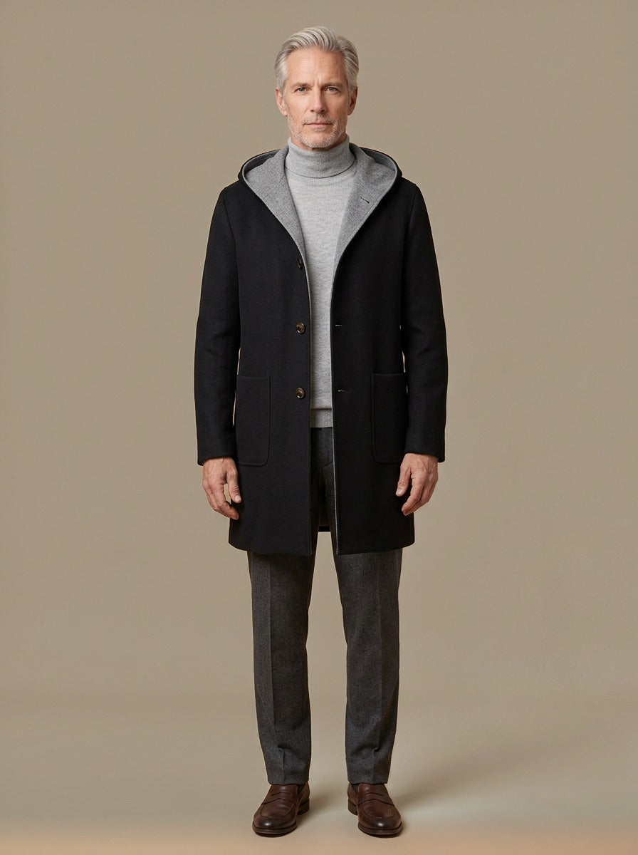 Sutcliffe hooded wool blend overcoat in Black, studio, Gentlemens Manor