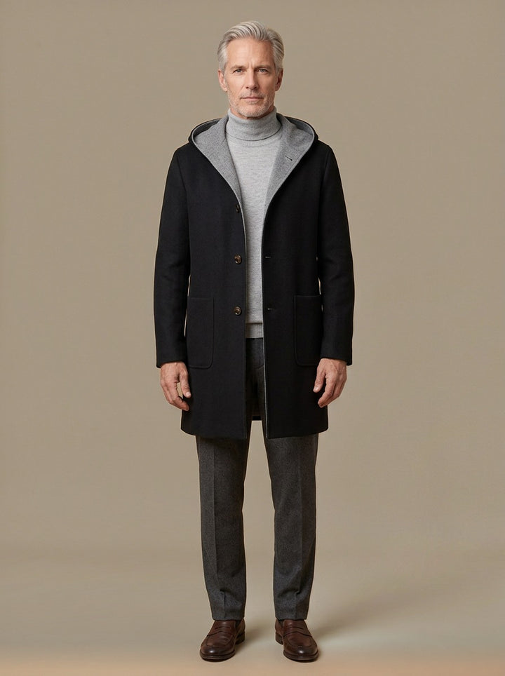 Sutcliffe hooded wool blend overcoat in Black, studio, Gentlemens Manor