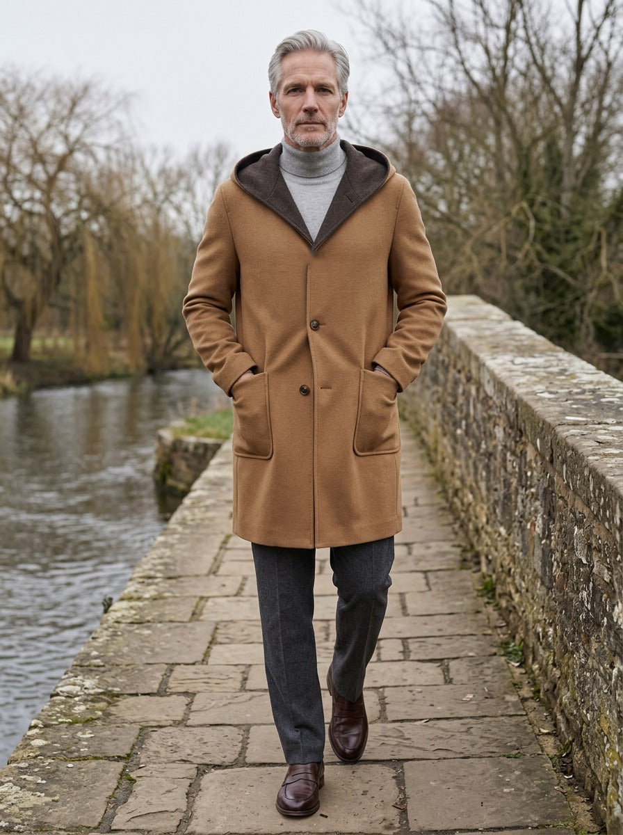 Sutcliffe hooded wool blend overcoat in Camel, lifestyle on a stone footbridge, Gentlemens Manor