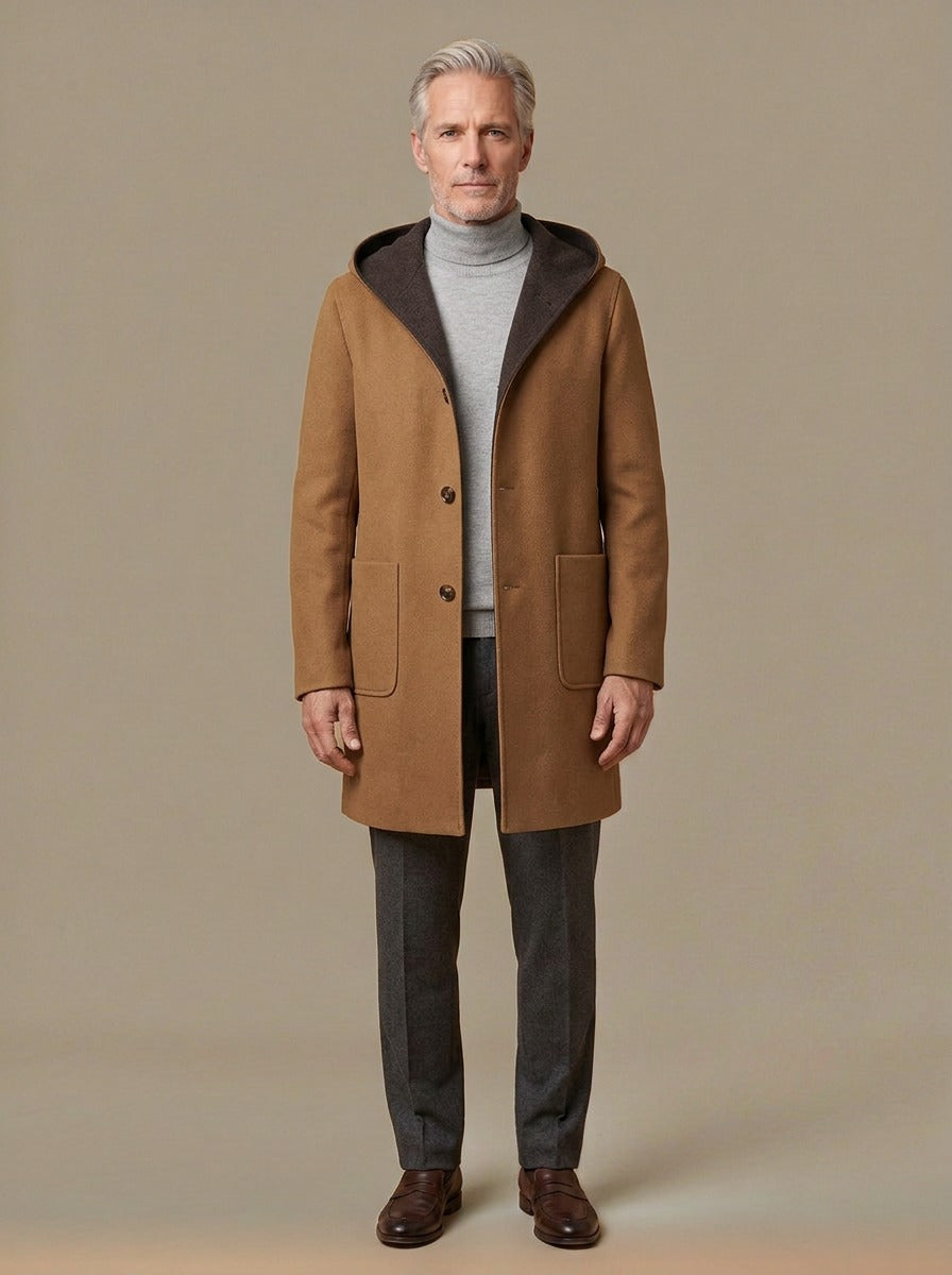 Sutcliffe hooded wool blend overcoat in Camel, studio, Gentlemens Manor