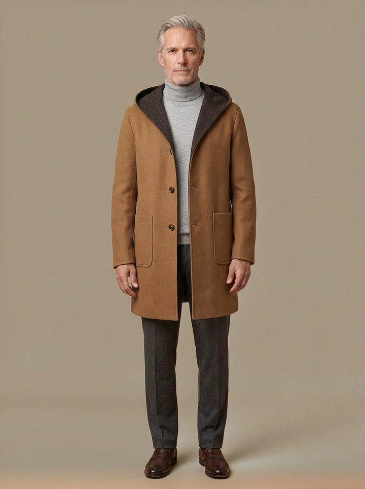 Sutcliffe hooded wool blend overcoat in Camel, studio, Gentlemens Manor