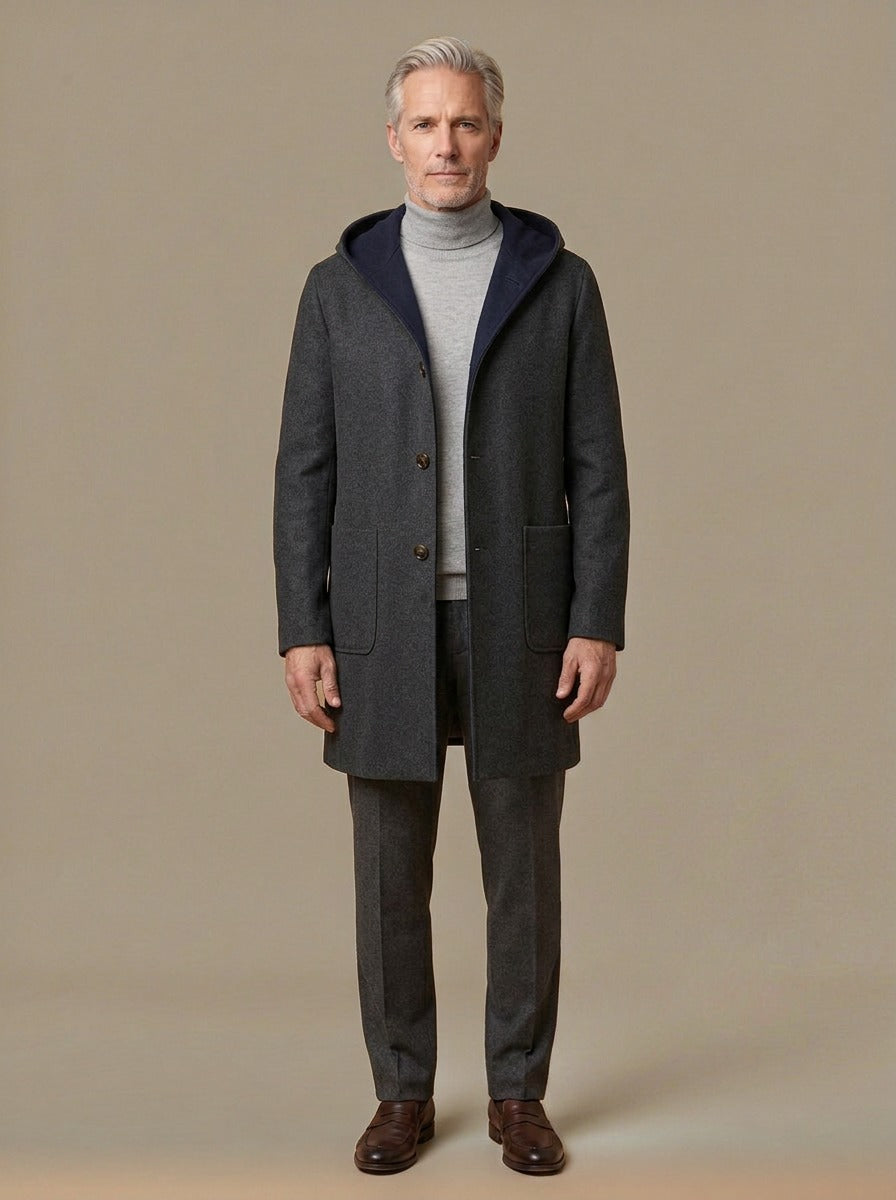 Sutcliffe hooded wool blend overcoat in Charcoal, studio, Gentlemens Manor
