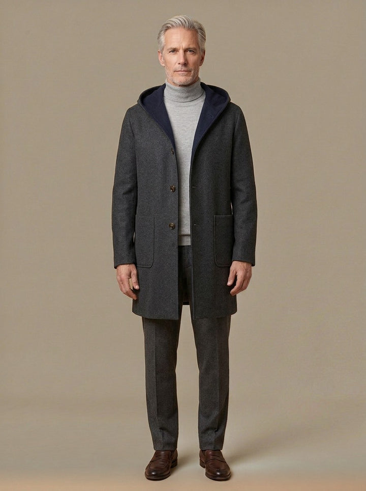 Sutcliffe hooded wool blend overcoat in Charcoal, studio, Gentlemens Manor