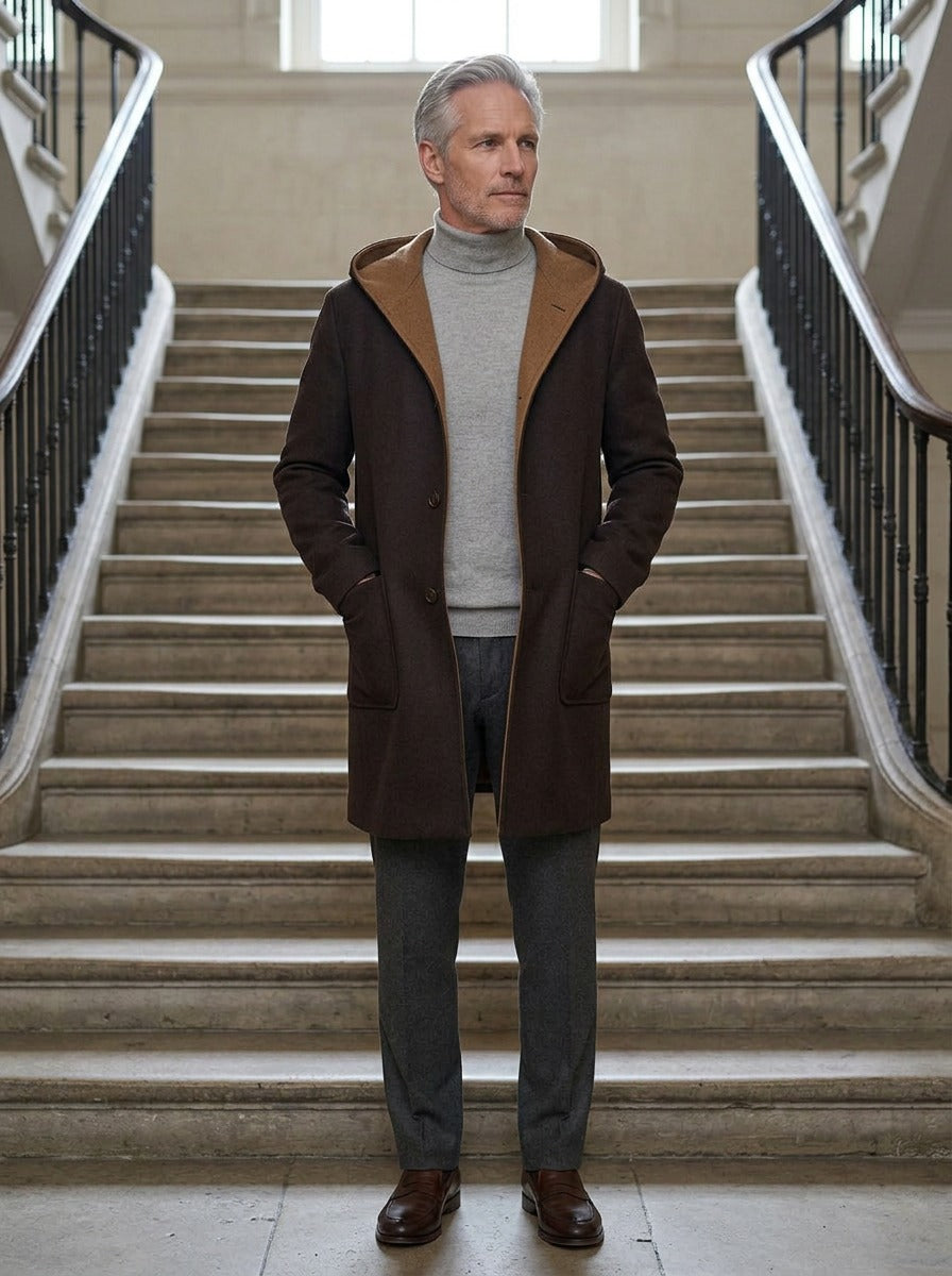 Sutcliffe hooded wool blend overcoat in Dark Brown, lifestyle on a civic stone staircase, Gentlemens Manor