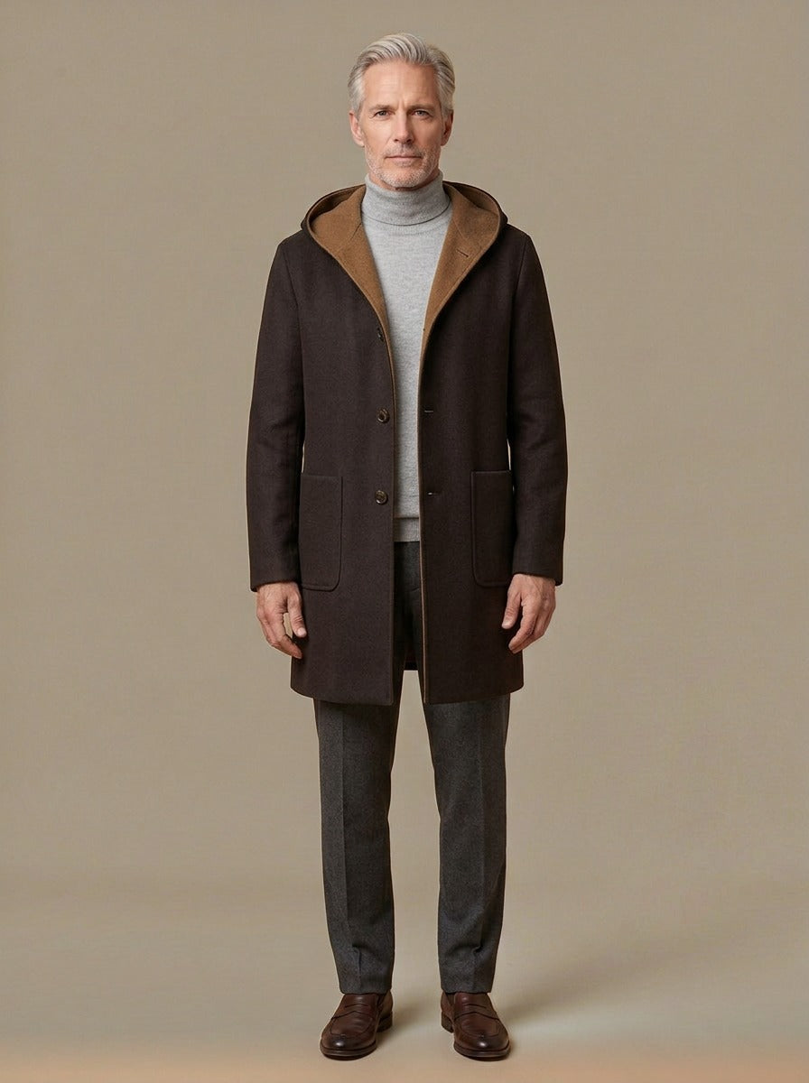 Sutcliffe hooded wool blend overcoat in Dark Brown, studio, Gentlemens Manor