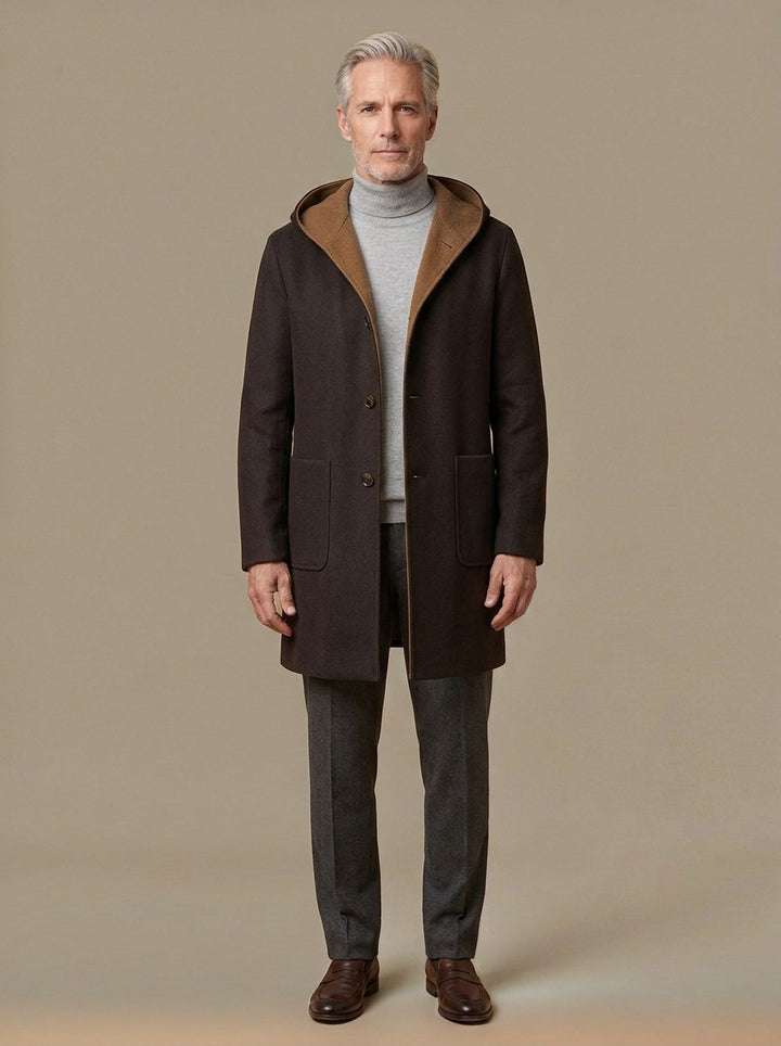 Sutcliffe hooded wool blend overcoat in Dark Brown, studio, Gentlemens Manor