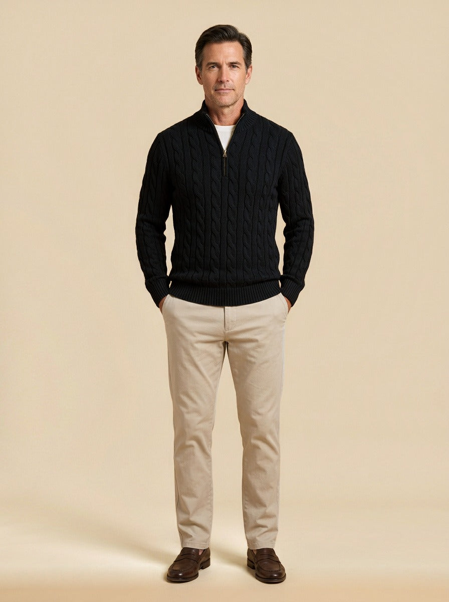 Sutherland cable knit quarter zip sweater in Black, studio, Gentlemens Manor