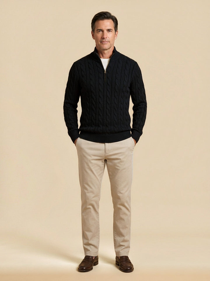Sutherland cable knit quarter zip sweater in Black, studio, Gentlemens Manor