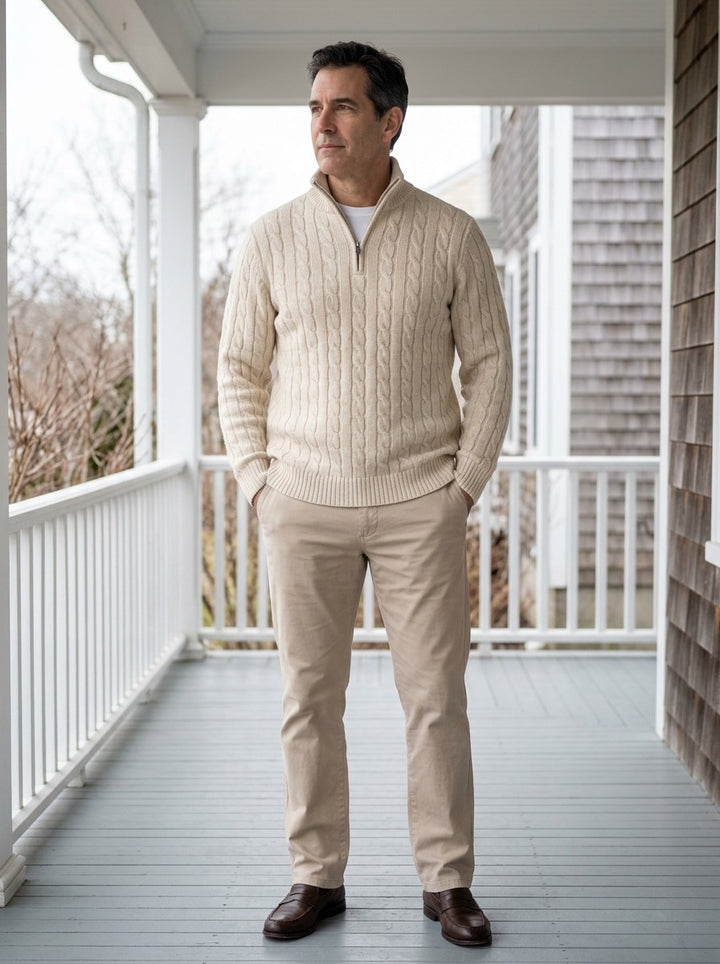 Sutherland cable knit quarter zip sweater in Cream, lifestyle on a covered porch, Gentlemens Manor
