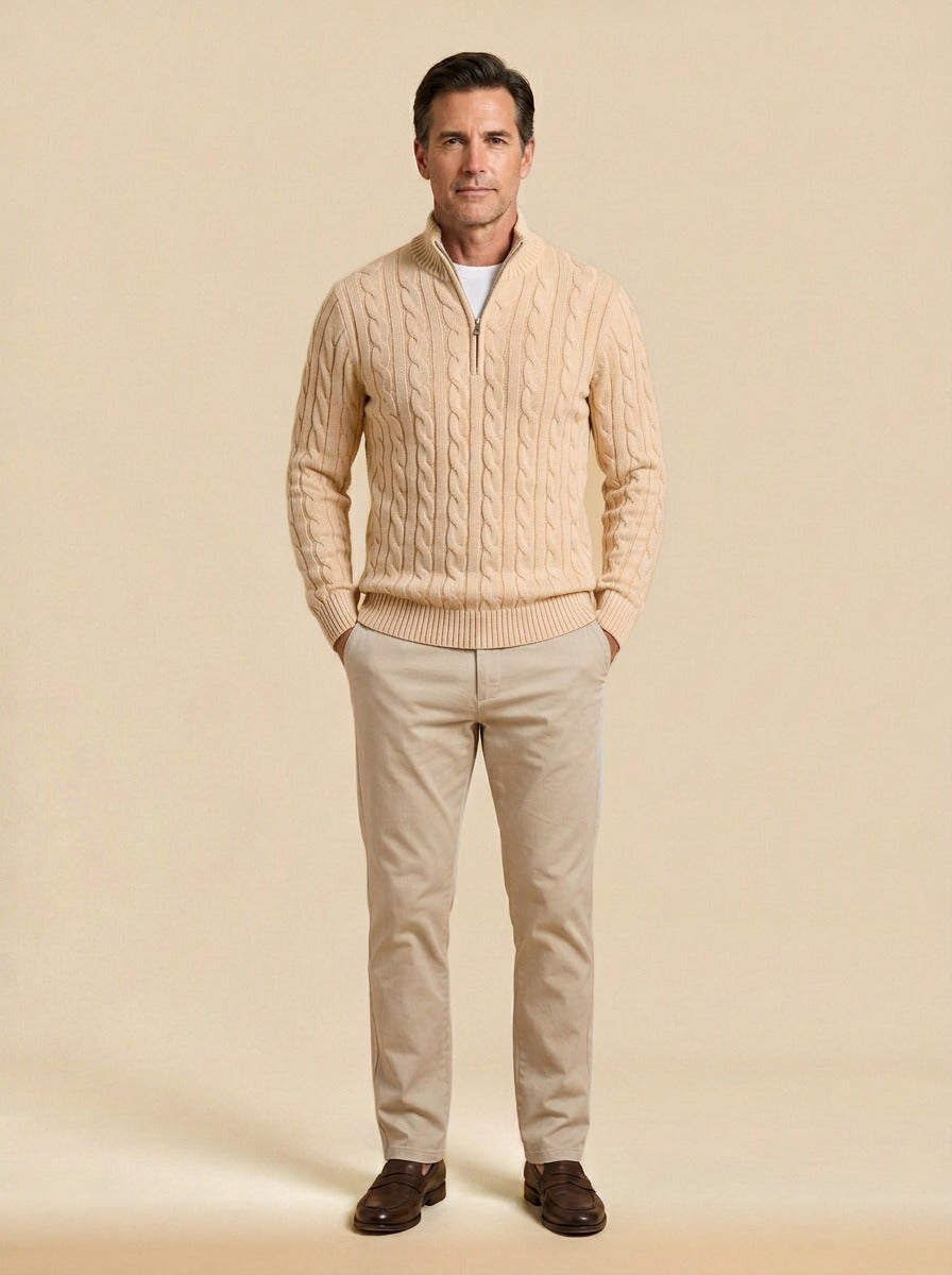 Sutherland cable knit quarter zip sweater in Cream, studio, Gentlemens Manor