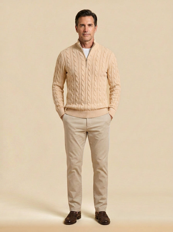 Sutherland cable knit quarter zip sweater in Cream, studio, Gentlemens Manor