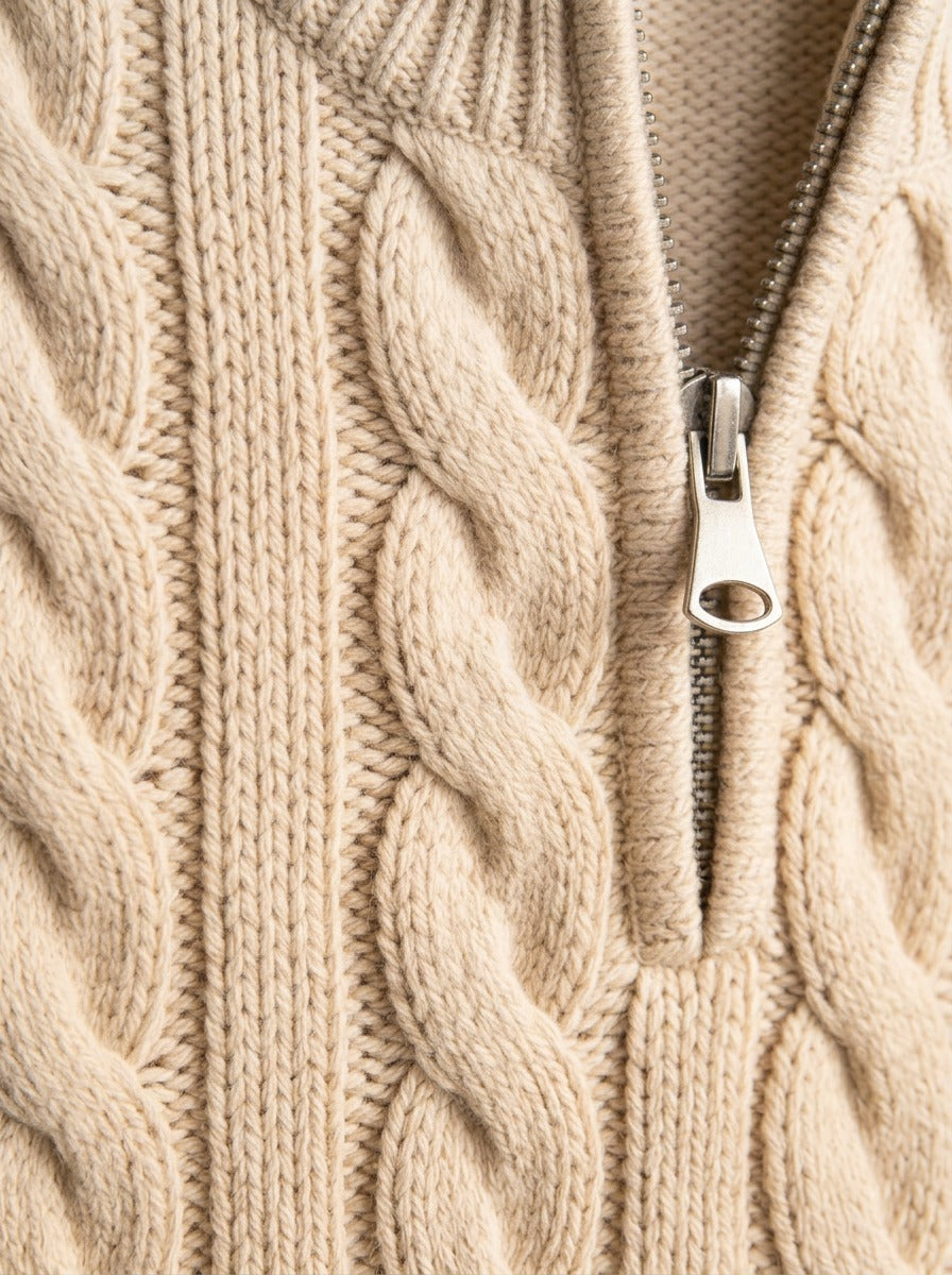 Sutherland cable knit quarter zip sweater, fabric close up, Gentlemens Manor