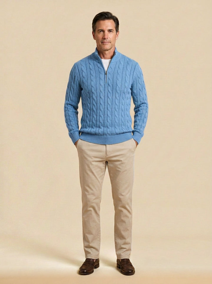 Sutherland cable knit quarter zip sweater in Light Blue, studio, Gentlemens Manor